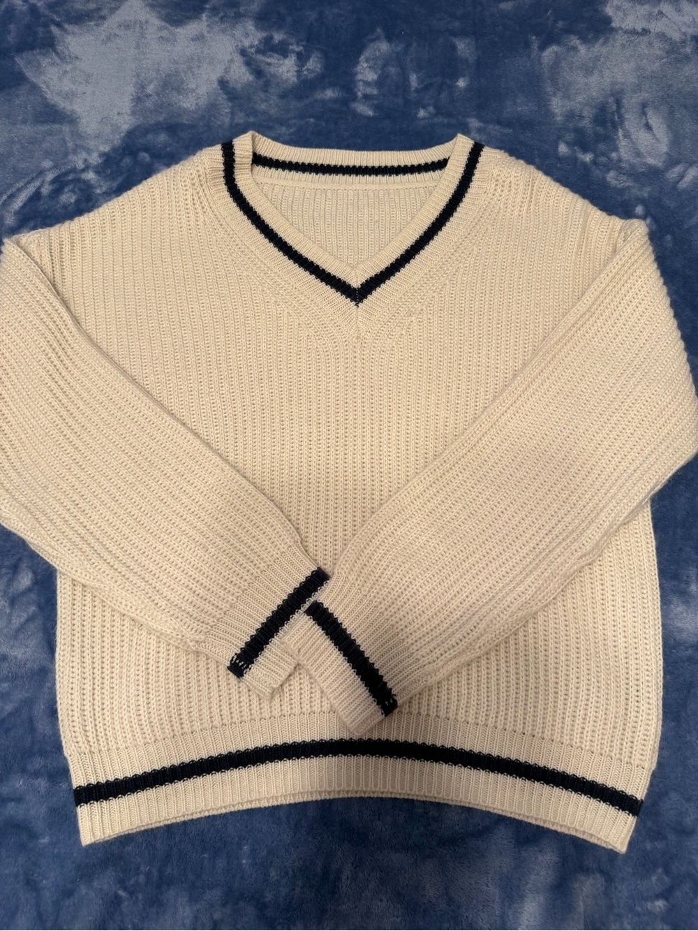 SHEIN Cream V-Neck Sweater with Navy Stripes - Men